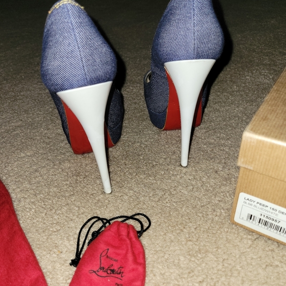 Christian Lou Boutin Peep Toe Denim Heels - Picture 5 of 8